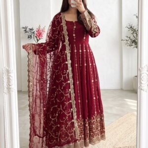 Fandy Silk Heavy Embroidery And Sequins Maroon Anarkali Gown Set