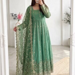 Fandy Silk Heavy Embroidery And Sequins Pastel Green Anarkali Gown Set