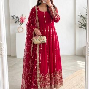 Fandy Silk Heavy Embroidery And Sequins Rose Red Anarkali Gown Set