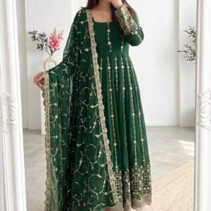 Fandy Silk Heavy Embroidery And Sequins Mint Green Anarkali Gown Set
