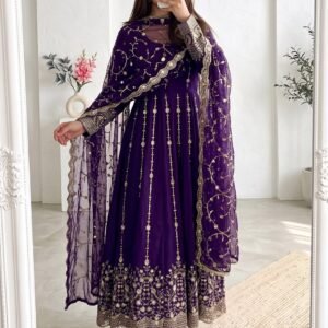 Fandy Silk Heavy Embroidery And Sequins Navy Blue Anarkali Gown Set
