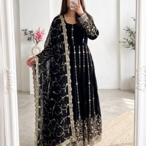 Fandy Silk Heavy Embroidery And Sequins Black Anarkali Gown Set