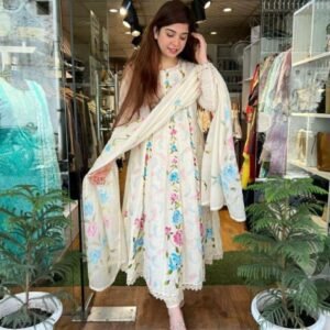 Cotton Hand Printed White Kurti Pant With Malmal Dupatta