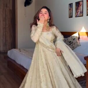 Pure Chinnon Silk Off White Embroidered With 5mm Sequins Work Gown Set
