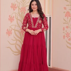 Blooming Rani Pink Ethnic Gown With Sequins & Zari Embroidered Work