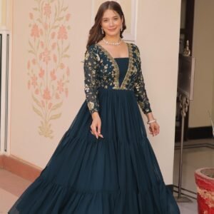 Blooming Rama Ethnic Gown With Sequins & Zari Embroidered Work