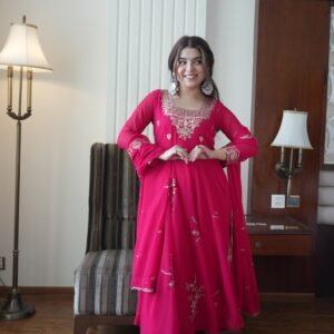 Georgette Sequins And Embroidery Work Rani Pink Anarkali Suit With Pant And Dupatta