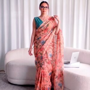 Kota Doriya Floral Printed Saree - Peach