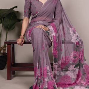 Soft Marbal Floral Printed Saree With Pearl Lace Border-Purple