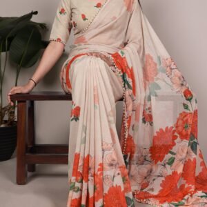 Soft Marbal Floral Printed Saree With Pearl Lace Border-Beige