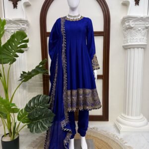 Premium Chinnon Royal Blue Anarkali Gown Set With Embroidery Sequins