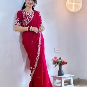 Rangoli Silk 5mm Sequins Embroidery Rani Pink Saree With Stitched Blouse