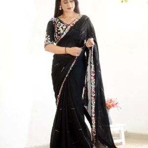 Rangoli Silk 5mm Sequins Embroidery Black Saree With Stitched Blouse