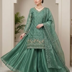 Fandy Silk Pistachio Green Kurti Palazzo And Dupatta With Beads Work