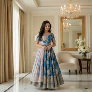 Kids Georgette Sky Blue Digital Printed With Embroidery Sequins Work Gown