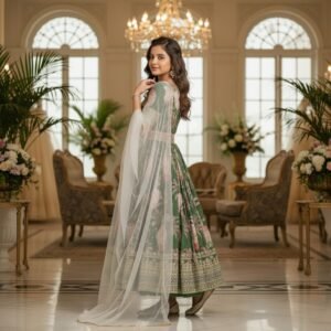 Kids Georgette Green Digital Printed With Embroidery Sequins Work Gown