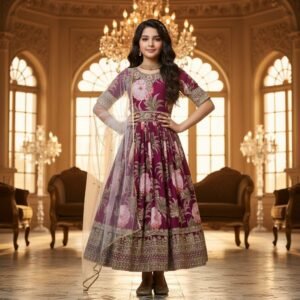Kids Georgette Purple Digital Printed With Embroidery Sequins Work Gown