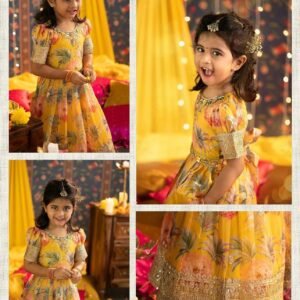 Kids Georgette Yellow Digital Printed With Embroidery Sequins Work Gown