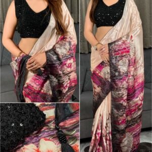 Gloria 3D Glass Print Crepe Pastel Pink Colour Saree With Heavy Beads Blouse