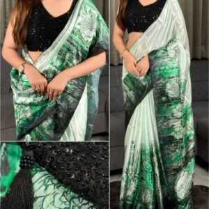 Gloria 3D Glass Print Crepe Green Colour Saree With Heavy Beads Blouse