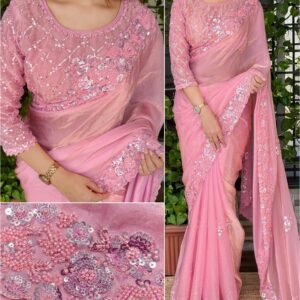 Fandy Satin Rose Pink Saree With Premium Beads And Sequins Work