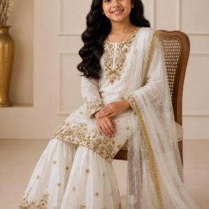 Kids Premium Fandy Silk Ivory Top Palazzo And Dupatta