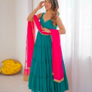 Premium Chiffon Teal Blue Gown With Contrast Dupatta