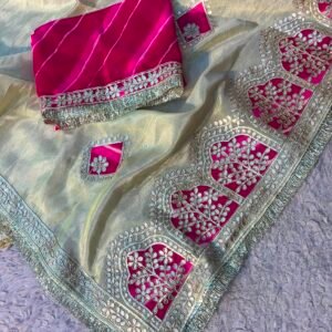 Pure Cosmos Tissue Silk Ivory Jaipuri Gotapatti Lehariya Saree