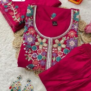 Ruby Roman Silk Kurti Pant Dupatta Set(Multi Colour)