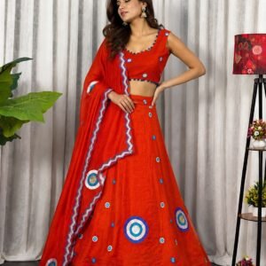 Vichitra Silk Aari Mirror Work Orange Rust Lehanga Choli With Dupatta