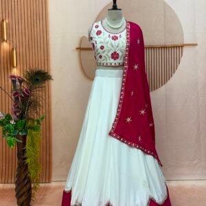 KalaKruti Designer Pure Cotton White Fancy Sequins Lehanga With Pink Dupatta