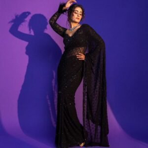 Designer Soft Net Embroidered Saree – Classic Black