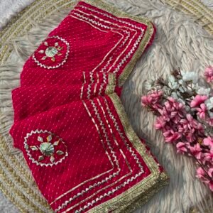 Georgette Mothda kacchi Gotapatti Rani Pink Saree