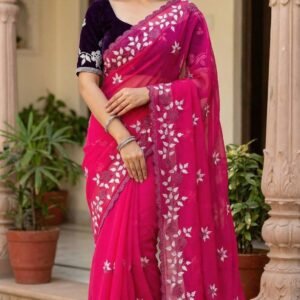 Vidhi Designer Georgette Embroidered Rani Pink Saree