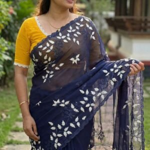 Vidhi Designer Georgette Embroidered Navy Blue Saree