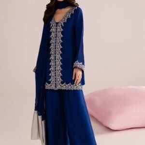 Premium Mos Satin Zari And Embroidered Royal Blue Top Palazzo With Dupatta