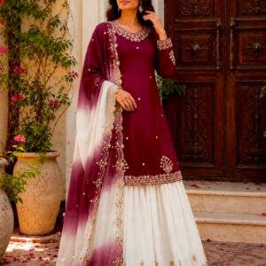 Natural French Crepe Maroon Top Palazzo And Dupatta With Embroidery Sequins