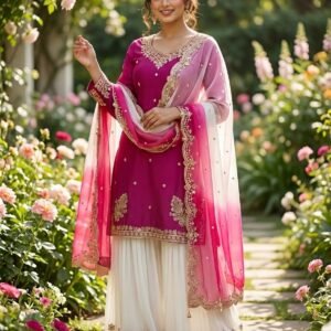 Natural French Crepe Rani Pink Top Palazzo And Dupatta With Embroidery Sequins