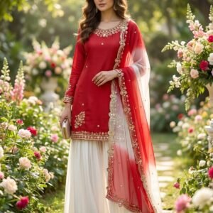 Natural French Crepe Orange Rust Top Palazzo And Dupatta With Embroidery Sequins