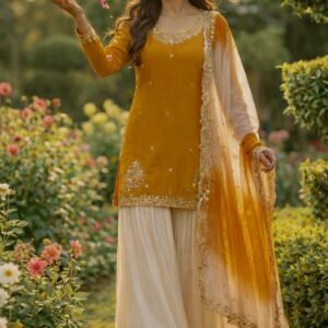 Natural French Crepe Mustard Yellow Top Palazzo And Dupatta With Embroidery Sequins
