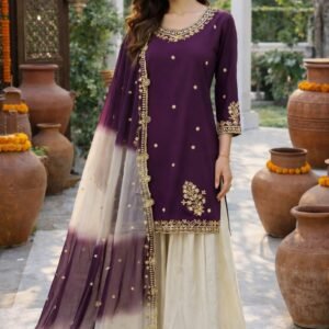 Natural French Crepe Purple Top Palazzo And Dupatta With Embroidery Sequins