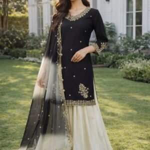 Natural French Crepe Black Top Palazzo And Dupatta With Embroidery Sequins