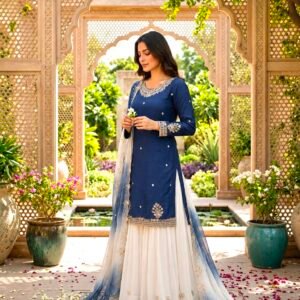 Natural French Crepe Royal Blue Top Palazzo And Dupatta With Embroidery Sequins