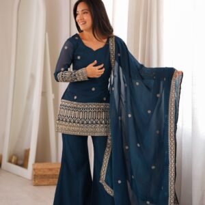 Teal Blue Crunchy Silk Top Bell Bottom With Dupatta With Embroidery Sequins