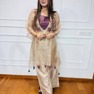 Premium Organza Embroidery Sequins Golden N Purple Blouse Kurti And Bottom