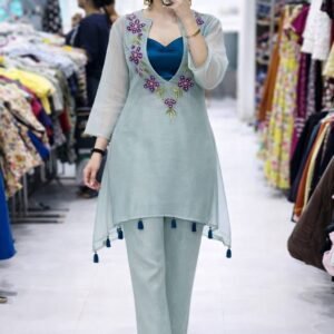 Premium Organza Embroidery Sequins Teal Blue Blouse Kurti And Bottom
