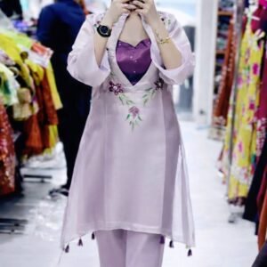 Premium Organza Embroidery Sequins Purple Blouse Kurti And Bottom