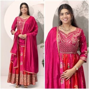 Chinnon Silk Embroidery Sequins Digital Printed Rani Pink Gown