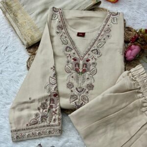 Premium Roman Silk With Multi Thread Embroidery Ivory Kurti Set