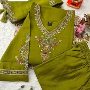 Premium Roman Silk With Multi Thread Embroidery Olive Green Kurti Set